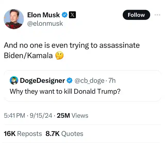 WATCH: Twitter Users Demand Musk Be Arrested After POTUS/VP Assassination Tweet