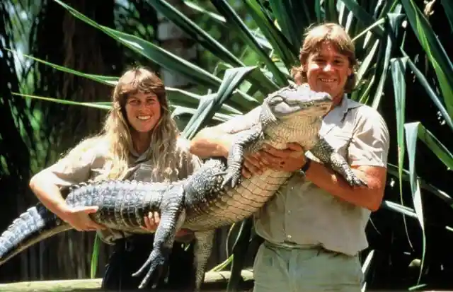Terri and Steve Irwin with a croc at their Australia Zoo in 1996