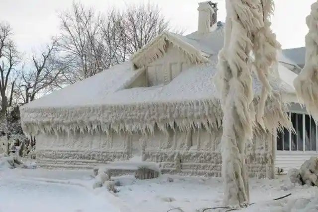 A house encased in ice after a blizzard
