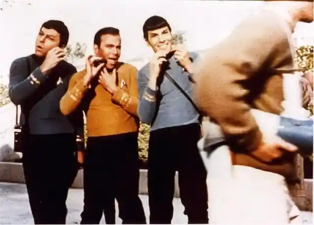 Bones, Kirk And Spock Pretend To Shave With Their Communicators Between Takes On 'Star Trek'