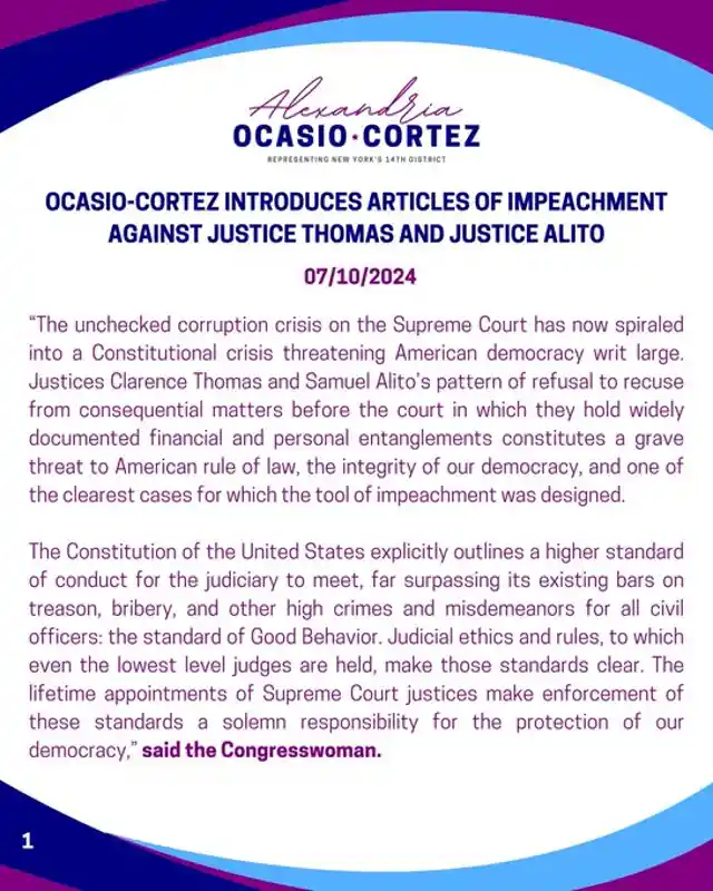 AOC Introduces Articles of Impeachment Against Alito & Thomas