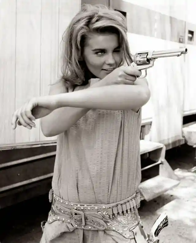 Ann-Margret 'shooting' behind the scenes in Viva Las Vegas, 1964