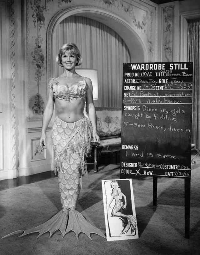 Wardrobe test of Doris Day in a mermaid outfit for her film The Glass Bottom Boat (1966).