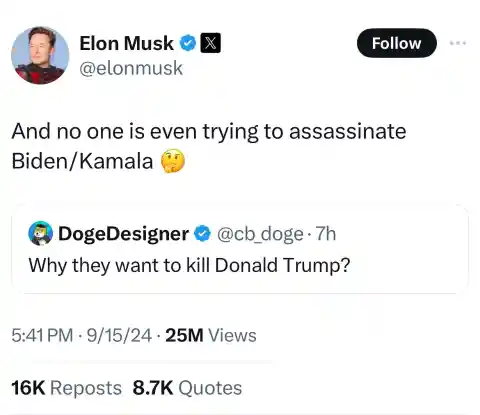 WATCH: Twitter Users Demand Musk Be Arrested After POTUS/VP Assassination Tweet