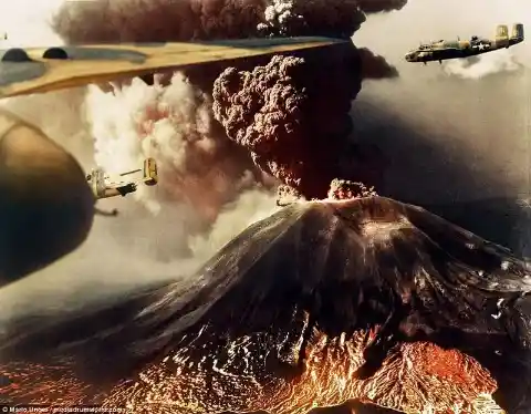 B-25 bombers fly over Mount Vesuvius in Italy while it erupts in March 1944 during the Italian Campaign of World War II