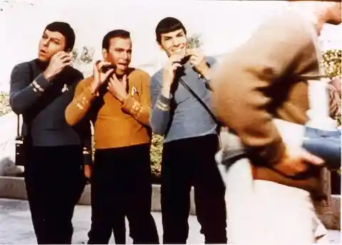Bones, Kirk And Spock Pretend To Shave With Their Communicators Between Takes On 'Star Trek'