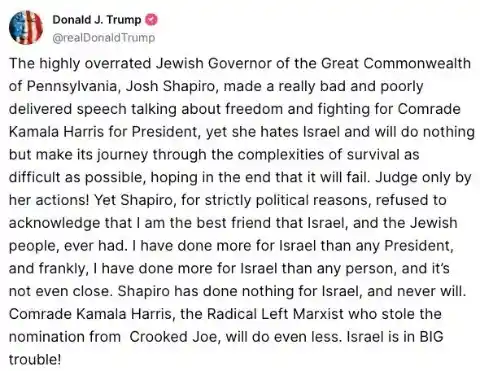 Trump Blasts Josh Shapiro as a Highly Overrated Jewish Lawyer