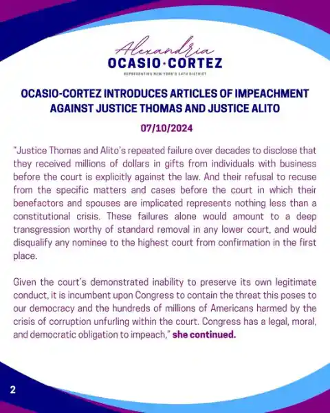 AOC Introduces Articles of Impeachment Against Alito & Thomas